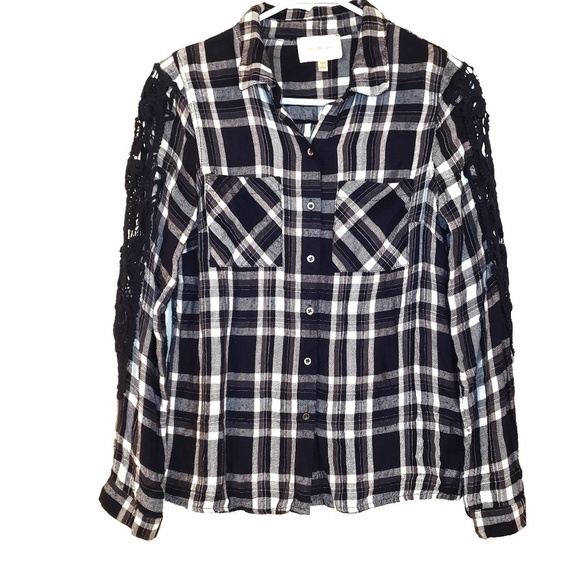 Skies Are Blue Tops - Skies Are Blue Navy Flannel with Crochet Knit Arm Detail